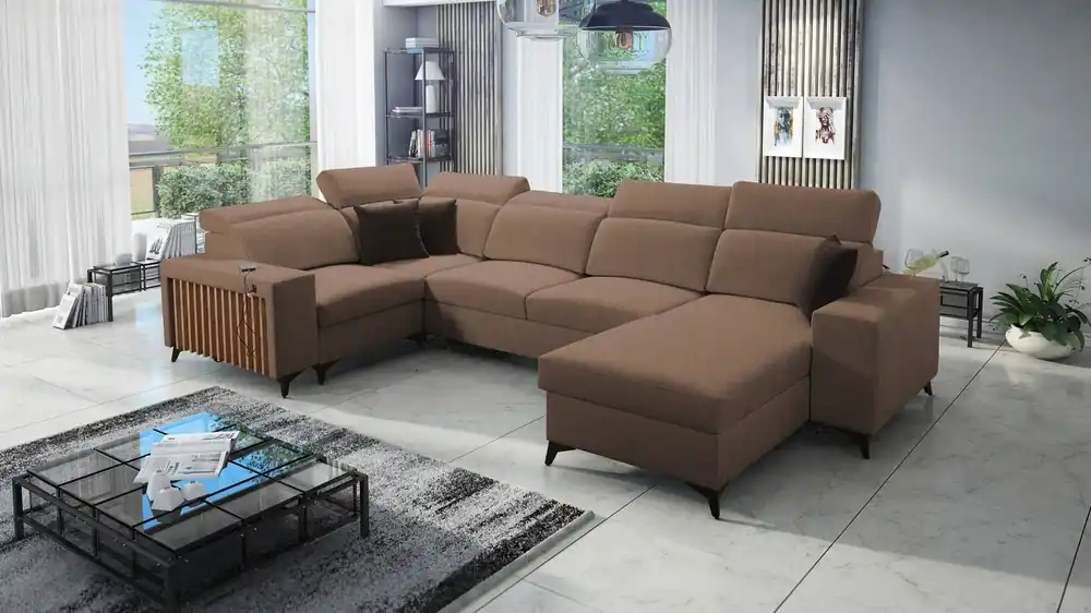 Begrenztes Angebot Ecksofa mit Schlaffunktion Kelly IV hellbraun rechtsseitig geflochten bequemes Ecksofa verstellbare Kopfstützen seitlich mit Lamellen eingefasst