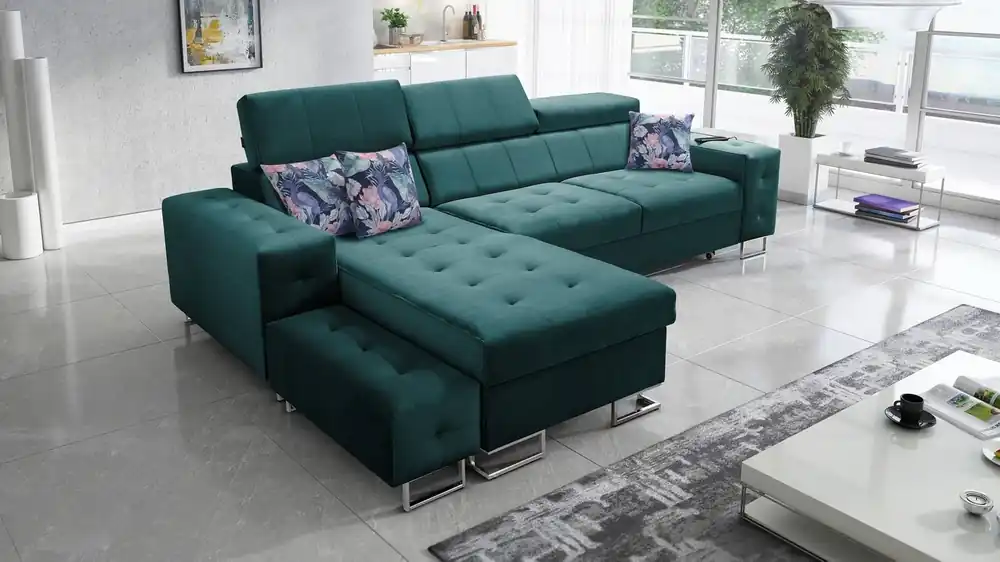 Ecksofa mit Schlaffunktion Hampton sea links stilvolle Steppung auf der Sitzfläche weicher Polsterstoff Ecksofa mit Verlängerung Direkt Vom Hersteller