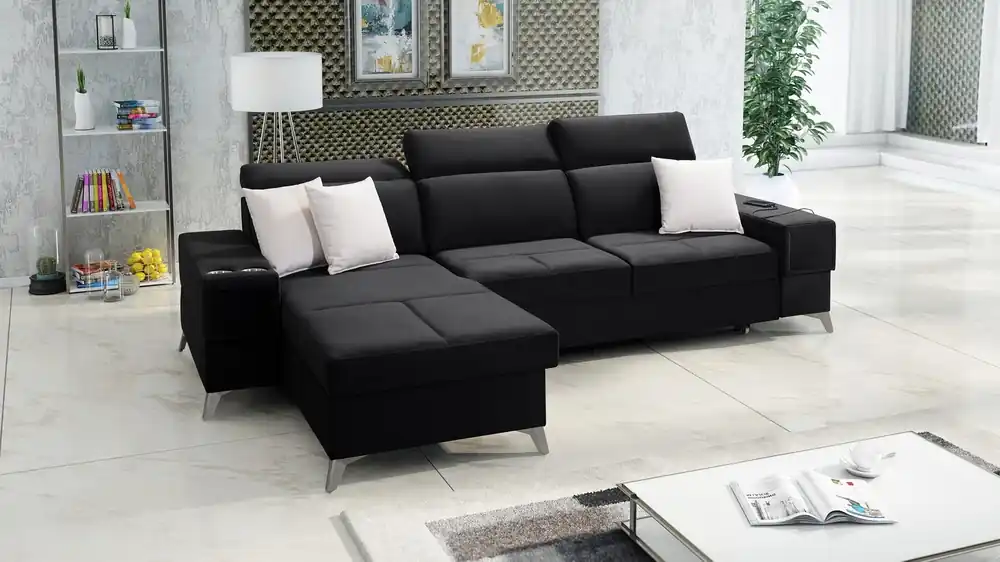 Ecksofa mit Schlaffunktion Elgin schwarz links Ecksofa mit verstellbaren Kopfstützen praktische Schubladen in den Seiten des Möbels Top-Preis