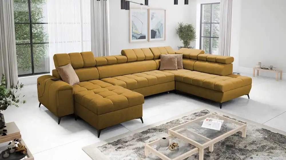 Ecksofa mit Schlaffunktion Bolmso VI Senf links komfortables Ecksofa mit verstellbaren Kopfstützen dekorative Steppung auf der Sitzfläche Bestseller