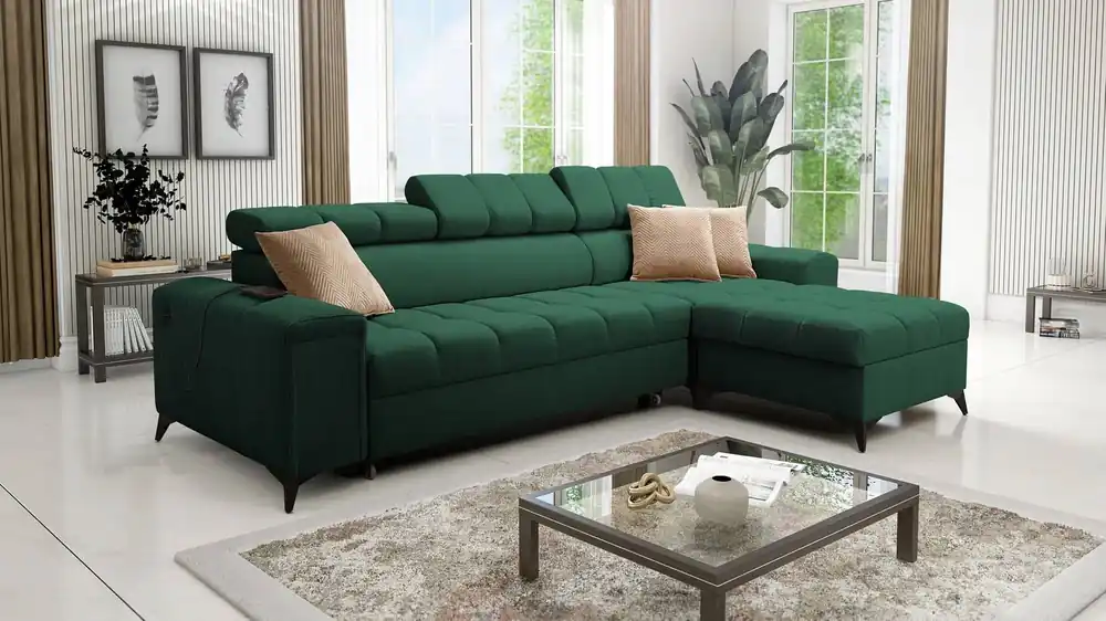 Knallerangebot Ecksofa mit Schlaffunktion Bolmso grün rechtsseitiges Ecksofa mit zwei Bettkästen praktische Schublade in der Seite des Möbels