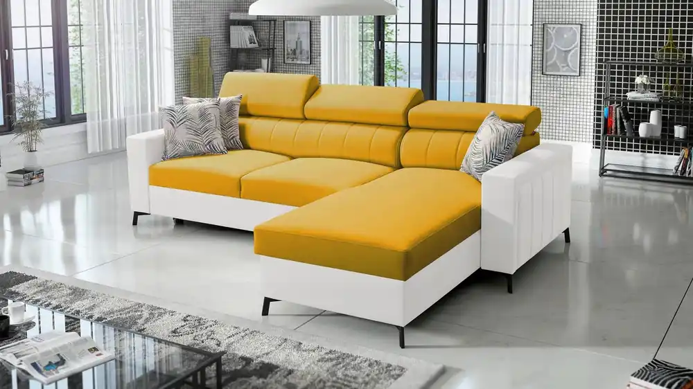 Ecksofa mit Schlaffunktion Savona gelb / weiß rechts elegantes Ecksofa mit verstellbaren Kopfstützen Ziernähte Heißes Angebot
