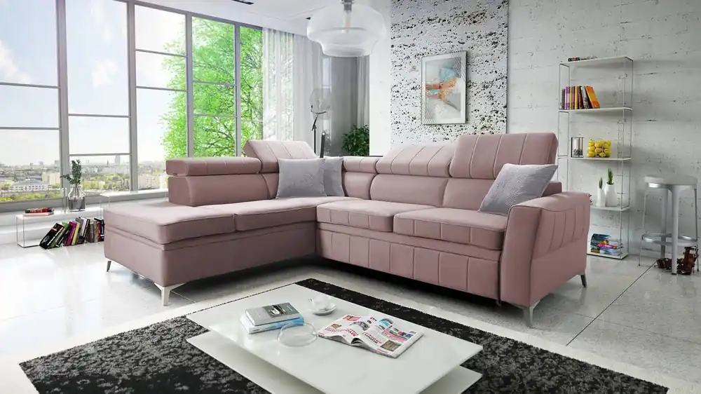 Aktuell Ecksofa mit Schlaffunktion Rava III lavendelrosa Linkshänder-Ecksofa aus Samt mit verstellbaren Kopfstützen und Bettzeugcontainer