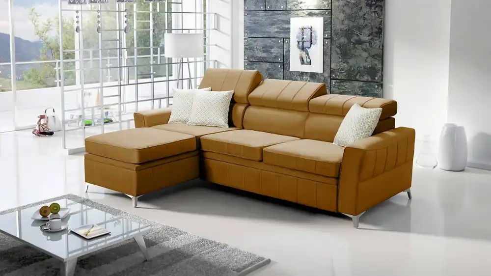 Direkt Vom Hersteller Ecksofa mit Schlaffunktion Rava Honig links Samt komfortables und funktionelles Ecksofa mit verstellbaren Kopfstützen