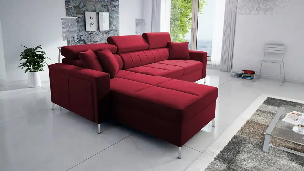 Neu Im Sortiment Ecksofa mit Schlaffunktion Nausa burgunderrot links Samt stilvoll bequemes Ecksofa verstellbare Kopfstützen Bettzeug Container
