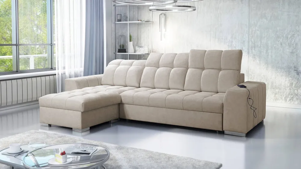 Ecksofa mit Schlaffunktion Luigi beige linkes Ecksofa mit zwei Bettkästen Stoff mit einer interessanten Struktur Zertifiziert