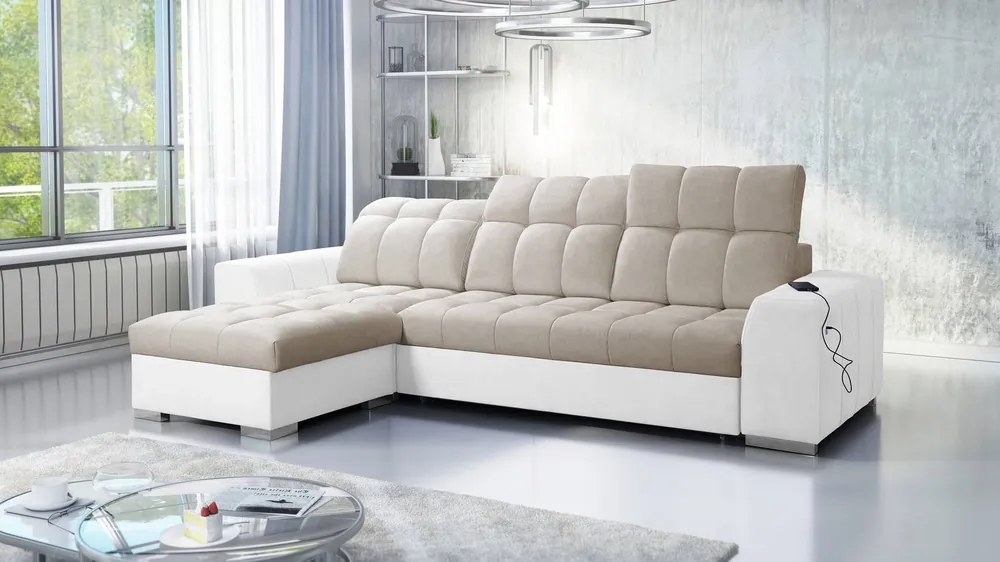 Ecksofa mit Schlaffunktion Luigi beige / weiß links Ecksofa mit zwei Bettkästen Stoff mit interessanter Struktur Expressversand