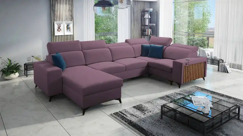 Ecksofa mit Schlaffunktion Kelly IV heather links Samt komfortables Ecksofa verstellbare Kopfstützen seitlich mit Lamellen eingefasst Finale Aktion