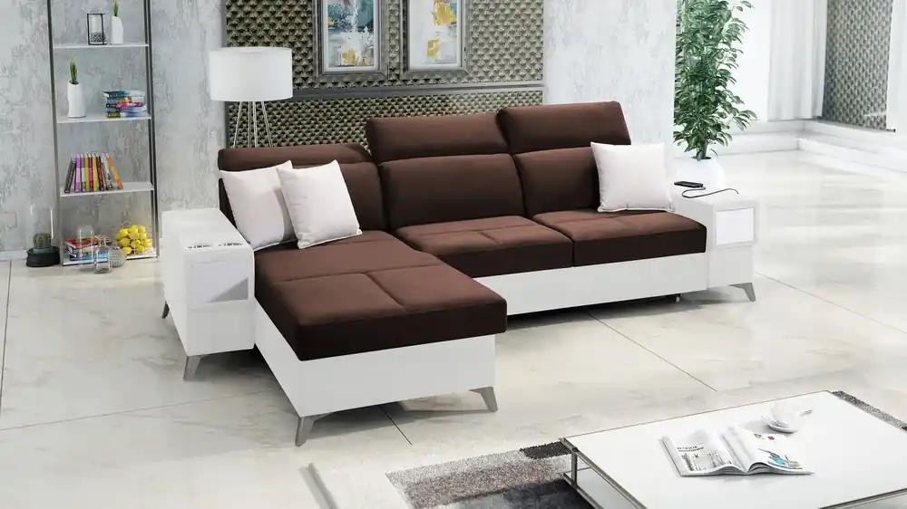 Versand Am Gleichen Tag Ecksofa mit Schlaffunktion Elgin braun/weiß linkes Ecksofa mit verstellbaren Kopfstützen praktische Schubladen in Möbelseiten