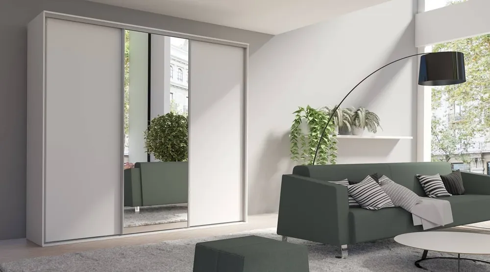 Verspiegelter Schiebeschrank Grande 277 cm weiß modernes Design ABS-Finish und Aluminium-Türführungen Knallerangebot