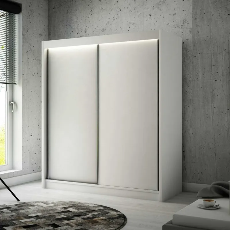 Schiebeschrank Kristo 200 cm weiß ergonomischer und sehr funktioneller Schrank in moderner Form mit geometrischen Formen Beliebt