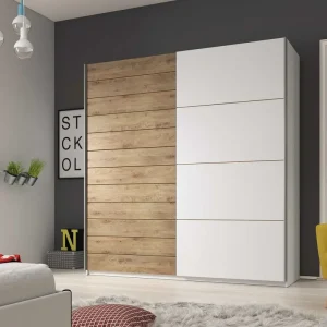 Begrenztes Angebot Schiebeschrank Galaxy 221 cm weiß / Eiche Beaufort geräumiger Kleiderschrank in moderner Form, ausgestattet mit Aluminium-Türgleitern