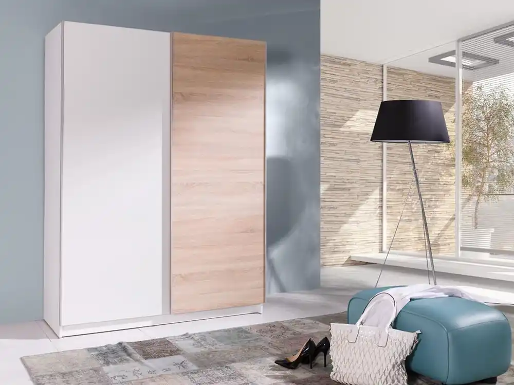 Günstig Schiebeschrank Batumi 3 150 cm weiß / Eiche sonoma hell moderner Kleiderschrank mit Aluminiumtüren