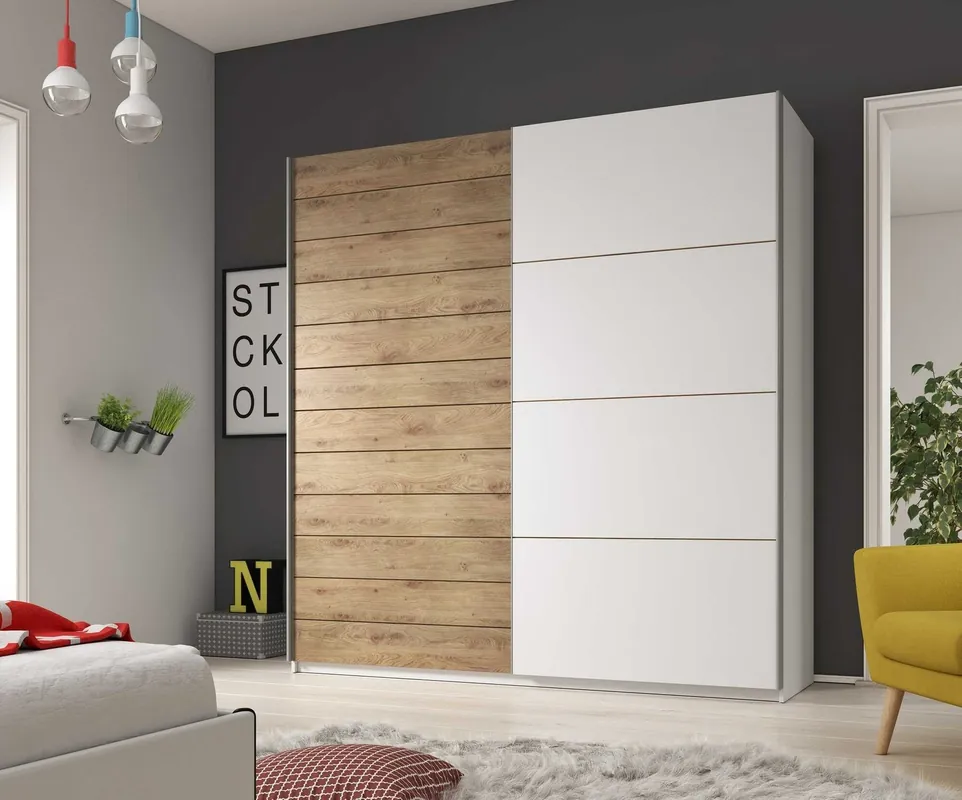 Zertifiziert Galaxy 200 cm Schiebeschrank weiß / Eiche Beaufort geräumiger Kleiderschrank in moderner Form, ausgestattet mit Aluminium-Türschienen
