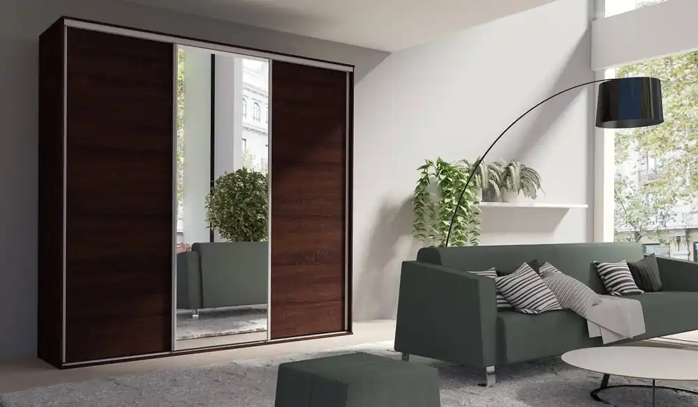 Verspiegelter Schiebeschrank Grande 254 cm Eiche sonoma chocolate geräumiger Kleiderschrank in moderner Form, ausgestattet mit Aluminiumtüren Top-Angebot