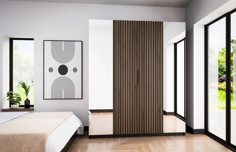 Online Kaufen Kleiderschrank mit Spiegel Kastano XIV 200 cm schwarz / Eiche evoke elegantes Design Kleiderschranktür mit schwarzen Lamellen dekoriert Kleiderschrank für Flur