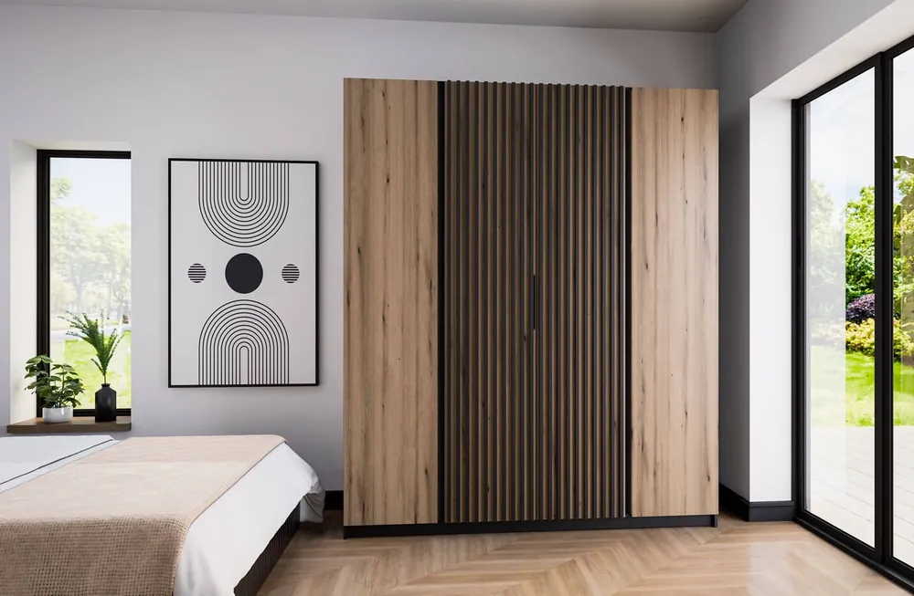 Kleiderschrank Kastano XIII 200 cm schwarz / Eiche evoke modernes Design Metallkante Griffe Schranktür mit schwarzen Lamellen verziert Zertifiziert