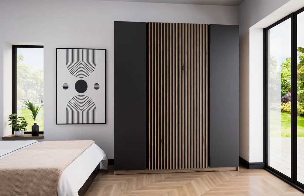 Kleiderschrank Kastano XIII 200 cm Eiche evoke / schwarz stilvolles Design Kante Griffe Schranktür mit Eiche evoke Lamellen verziert Top-Seller