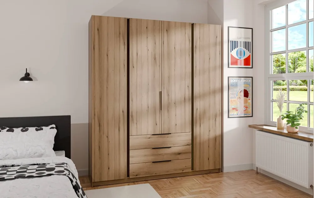 Neue Ware Kastano Kleiderschrank 200 cm Eiche evoke stilvolles Design Metallkante Griffe ideal Kleiderschrank für Schlafzimmer geräumige Schubladen