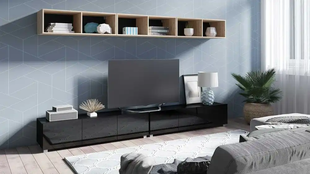 Direktkauf Möbelwand Apulia XXXIII schwarz glänzend / Eiche artisan eine außergewöhnlich stilvolle Möbelwand einfache Elemente, die in jedes Interieur passen