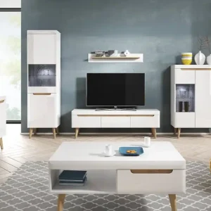 Abverkauf Atka Möbelset weiß / weiß glänzend / Eiche riviera modernes Design Kante mit Spezialfurnier verkleidet Sicherheitsglas gehärtet