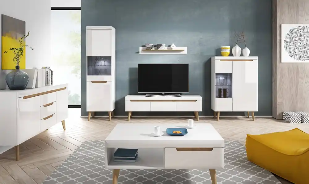 Abverkauf Atka Möbelset weiß / weiß glänzend / Eiche riviera modernes Design Kante mit Spezialfurnier verkleidet Sicherheitsglas gehärtet