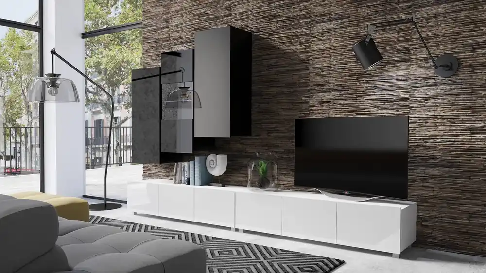 Must-Have Hängeelement Apulia XVII weiß glänzend/schwarz glänzend Außergewöhnlich stilvolles Hängeelement mit schlichten Möbelstücken, das sich in jede Einrichtung einfügt