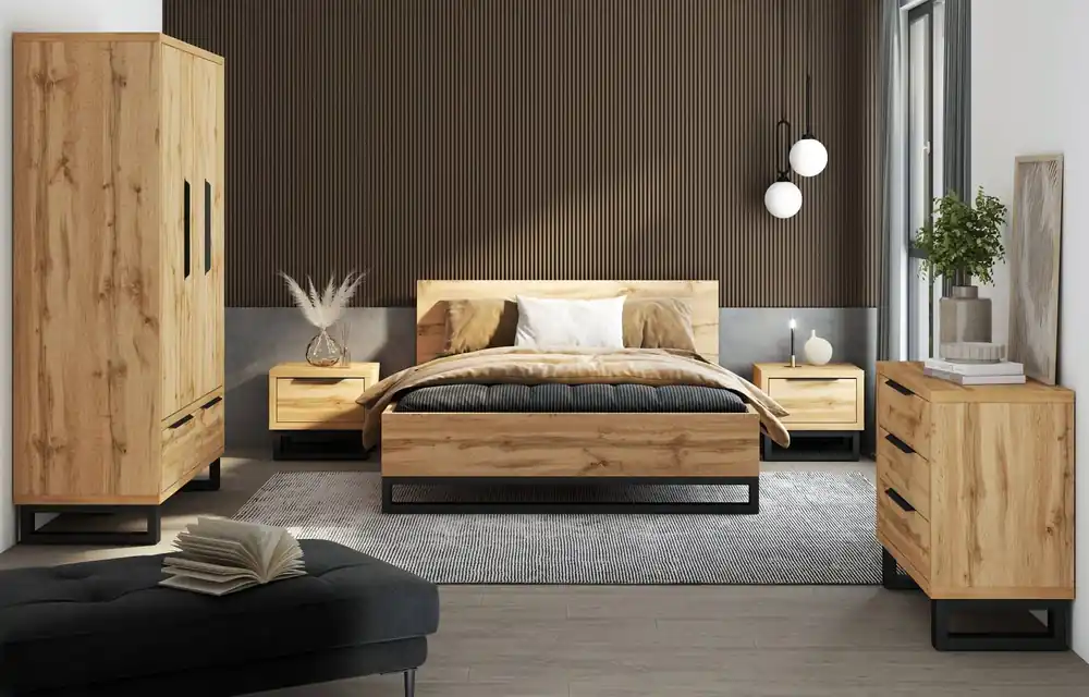 Preisknaller Schlafzimmermöbel-Set Halle S Eiche wotan universal Farben Schlafzimmermöbel-Set mit interessantem Design im Loft-Stil