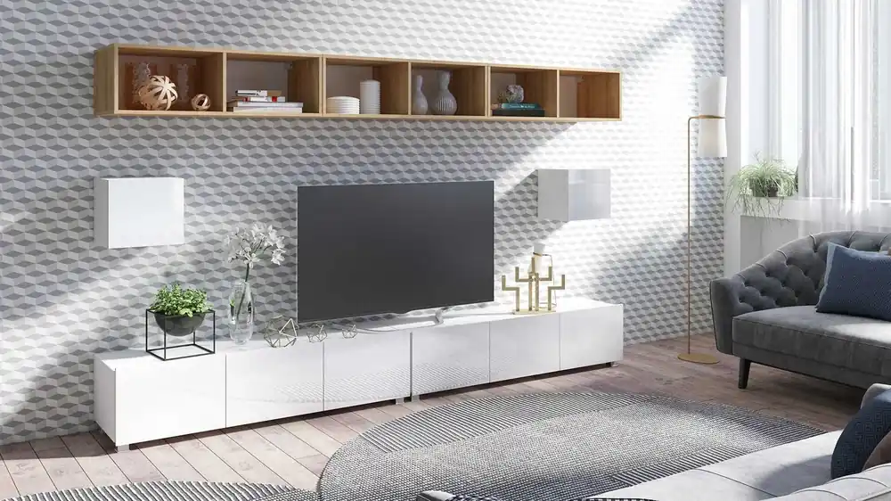 Möbel Apulia XXXIV weiß glänzend / goldene Eiche ein außergewöhnlich stilvolles Wandelement einfache Elemente, die in jedes Interieur passen Beliebt