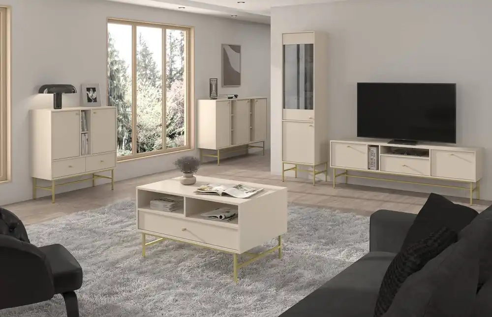 Top-Seller Kioto III Wohnzimmermöbel-Set beige stilvolles Design elegante Möbel in gedeckten Farben mit einem stabilen Goldrahmen bereichert