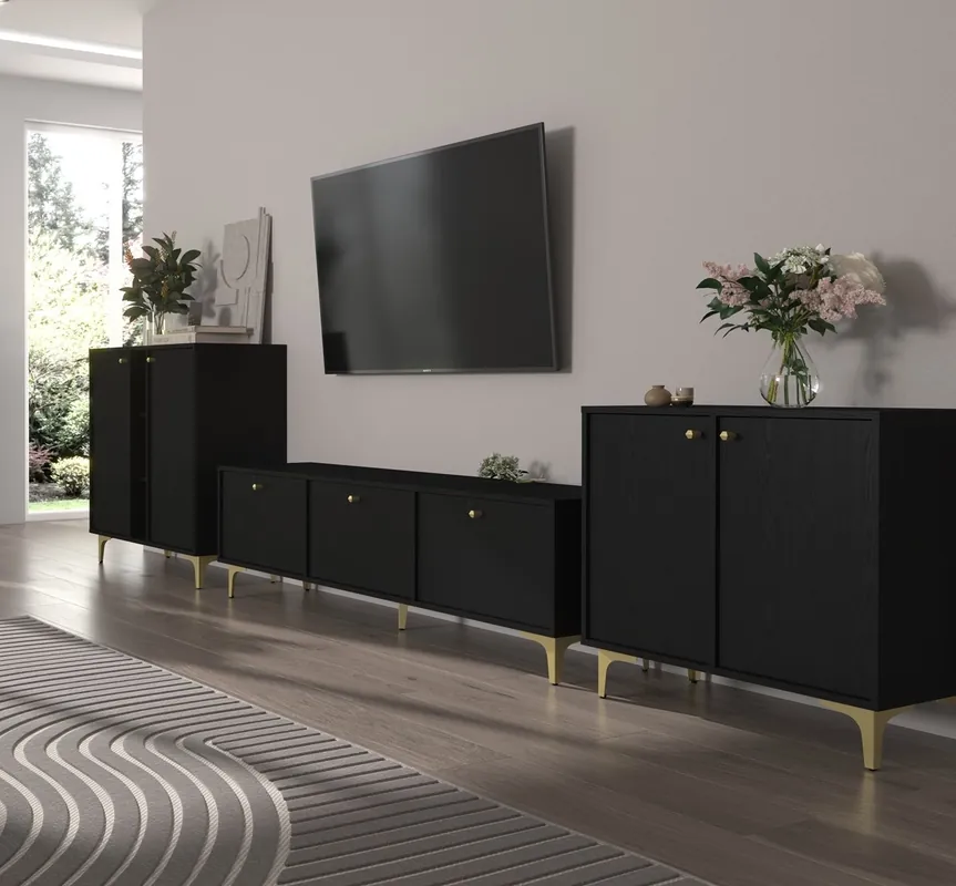 Sonderaktion Kioto I Möbel schwarz graphit stilvolles Design Wohnzimmermöbel elegante Wohnwand auf einem goldenen Metallsockel