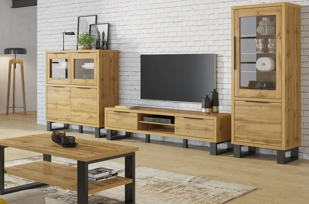Meistverkauft Halle Eiche wotan Wohnzimmer Möbel Set stilvolles Design stabiles Metall Basis Kante Griffe Loft-Stil Möbel
