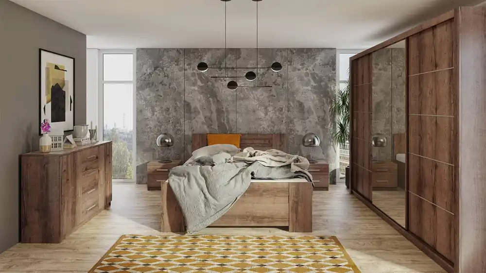 Billig Schlafzimmermöbel Set Rico Eiche Kloster zeitloses Design Schlafzimmermöbel Set geräumiger Schiebeschrank mit Spiegel