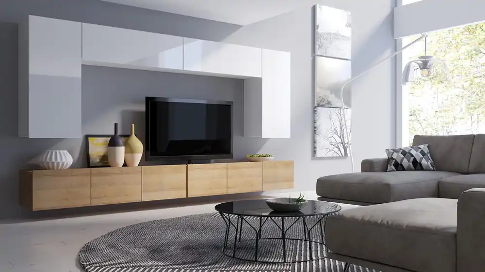 Möbelwand Apulia XIII weiß glänzend / goldene Eiche eine außergewöhnlich stilvolle Möbelwand einfache Elemente, die in jedes Interieur passen Super-Preis