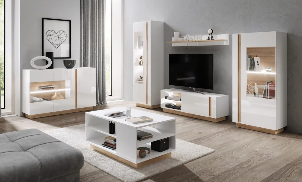 Letzte Chance Möbelset Adria weiß glänzend / Eiche grandson modernes Design fügt sich perfekt in jede Einrichtung ein