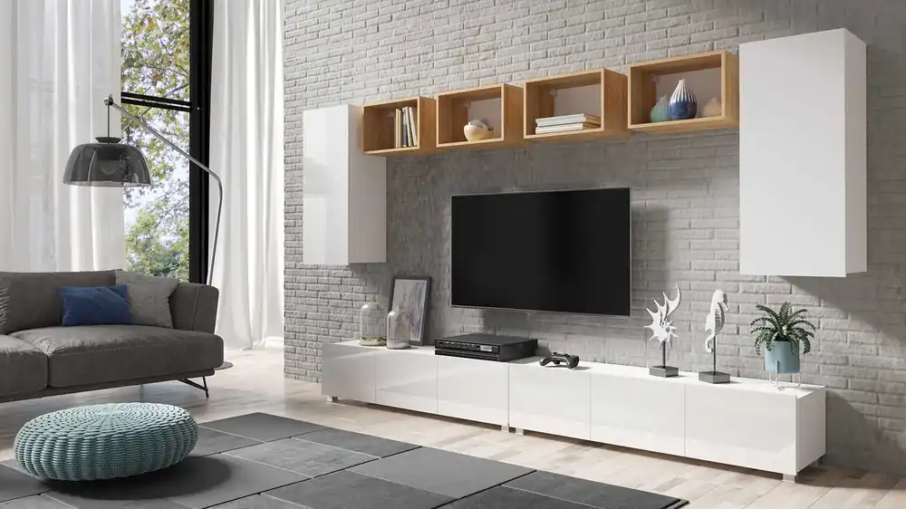 Highlight Möbel Apulia XXXV weiß glänzend / goldene Eiche ein außergewöhnlich stilvolles Wandelement einfache Einheiten, die in jedes Interieur passen