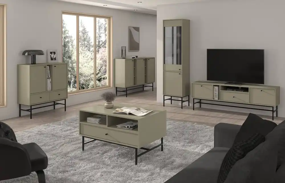 Kioto III Eukalyptus-Wohnzimmermöbel-Set stilvolles Design elegante Möbel in gedeckten Farben mit einem schwarzen Rahmen Highlight