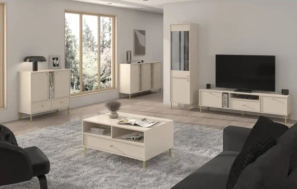 Sofort Bestellen Kioto II Wohnzimmermöbel-Set beige stilvolles Design elegante Möbel in gedeckten Farben mit goldenen hohen Beinen bereichert