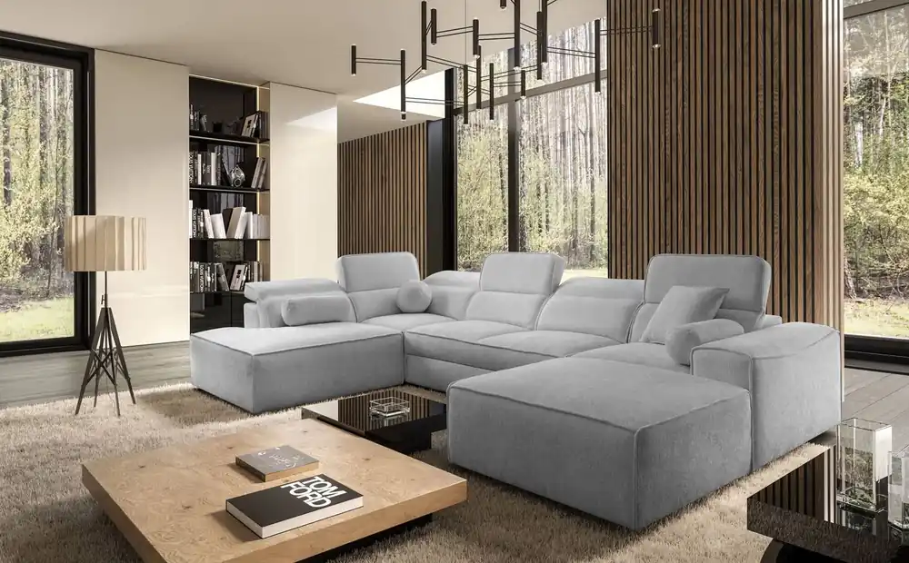 Preisreduziert Ecksofa mit Schlaffunktion Viano VI hellgrau rechts Design-Ecksofa für moderne Einrichtungen zwei Container für Bettzeug