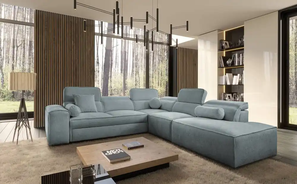 Neu Ecksofa mit Schlaffunktion Viano IX grau blau rechts stilvolles Ecksofa mit Bettzeugcontainern ideales Möbelstück für ein großes Wohnzimmer