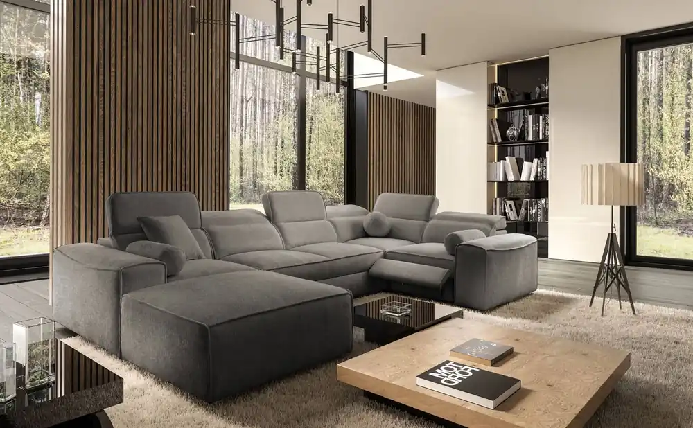 Günstig Ecksofa mit Schlaffunktion Viano IV Lux grau links Design-Ecksofa mit ausziehbarem Fußteil großes Bettzeugfach