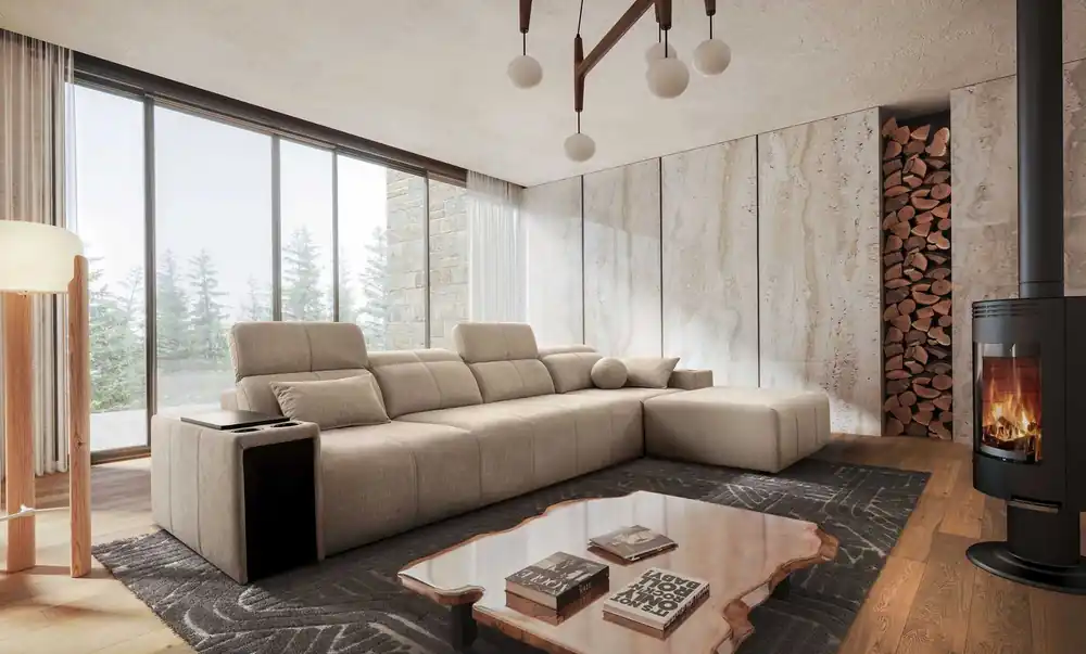 Ecksofa mit Schlaffunktion Tesalia XII beige rechte Seite modernes Design komfortable Schiebelehne Schublade in der Seite des Möbels Ausverkauf
