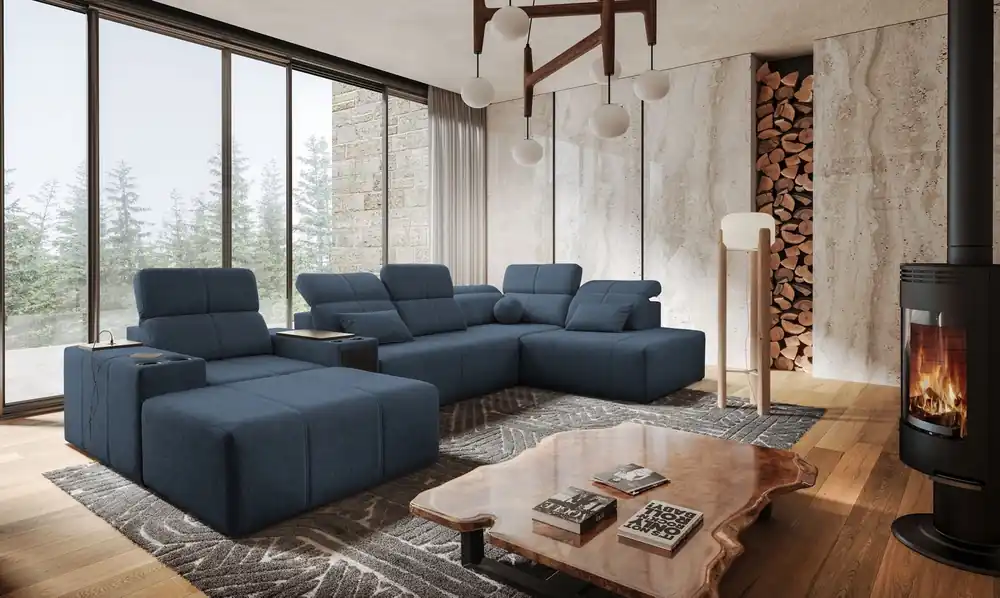 Ecksofa mit Schlaffunktion Tesalia V blau links Komfort-Ecksofa mit Schublade und Schiebefunktion der Rückenlehne Saisonangebot