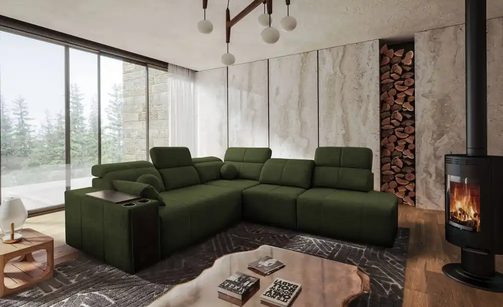 Preis Gesenkt Ecksofa mit Schlaffunktion Tesalia IX grün rechte Seite modernes Design komfortable Schiebelehne Schublade in der Seite des Möbels