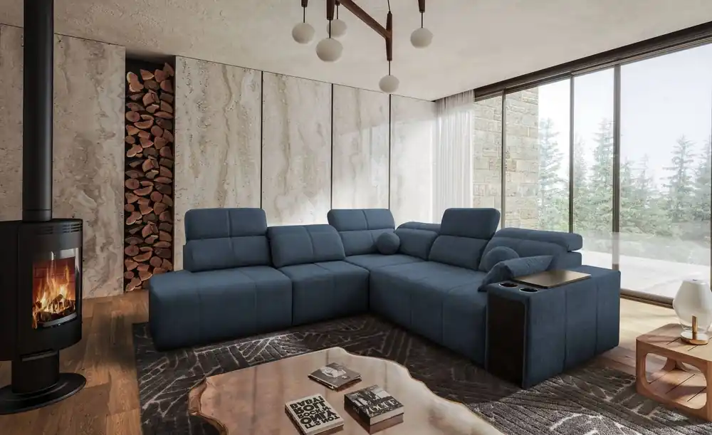Letzte Chance Ecksofa mit Schlaffunktion Tesalia IX blau links modernes Design komfortable Schiebelehne Schublade in der Seite des Möbels