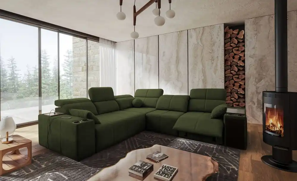 Ecksofa mit Schlaffunktion Tesalia III Lux grün rechts Komfort-Ecksofa mit ausziehbarem Fußteil Schiebefunktion der Rückenlehne Letzte Chance