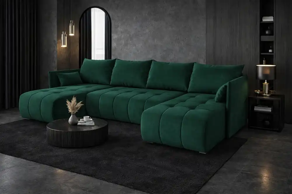 Ecksofa mit Schlaffunktion Selva U Flasche grün Interessantes Ecksofa aus weichem Samtstoff Top-Preis