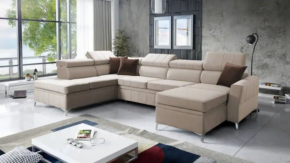 Ecksofa mit Schlaffunktion Rava VI hellbeige rechtshändig Praktisches und modernes Ecksofa, ausgestattet mit einer Multifunktionslampe Online Kaufen
