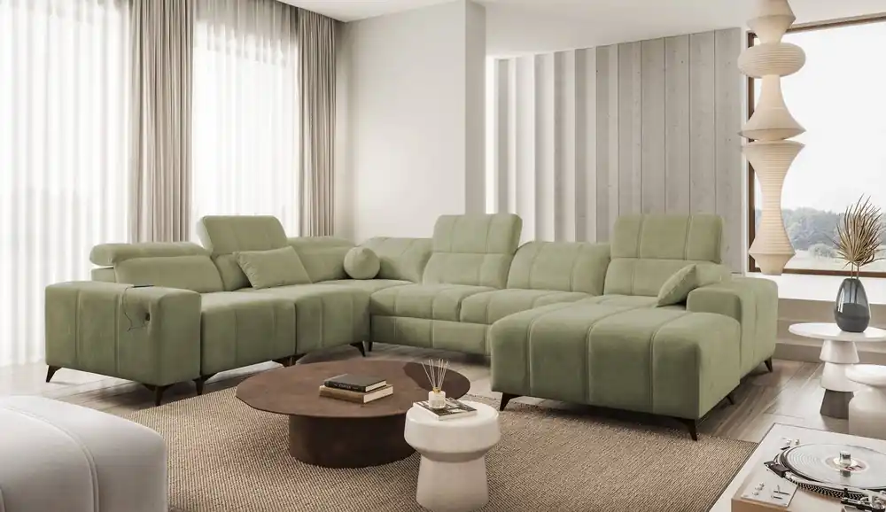 Ecksofa mit Schlaffunktion Penejos VIII olivgrünes Stilvolles Schlafsofa aus strapazierfähigem Stoff Sonderangebot