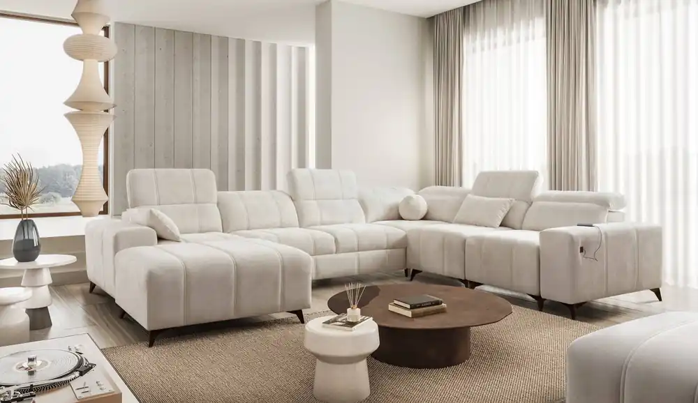 Online Kaufen Ecksofa mit Schlaffunktion Penejos VIII creme linke Seite stilvolles Ecksofa Bett aus strapazierfähigem Stoff